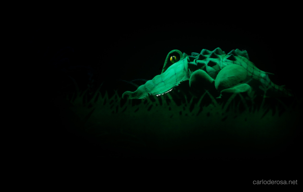 Une grande marionnette d’alligator éclairée en vert dans l’obscurité du plateau.